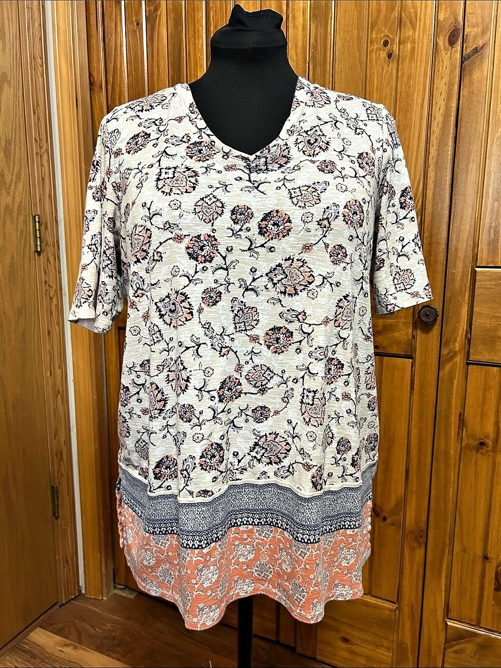 J. Jill Pima Double V Elbow Sleeve Floral Cotton Tunic Top Size Large
